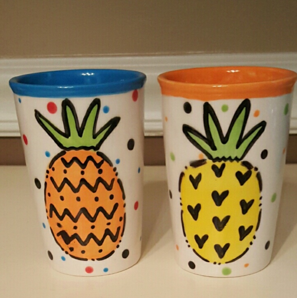 Anthropology Set of TWO Handpainted Ceramic Pineapple Tumblers
